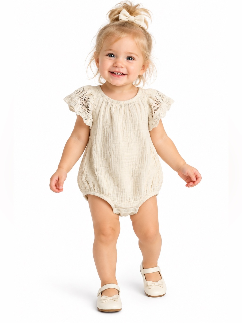 Modern Moments by Gerber Cream Cotton Gauze Crochet Romper | Size 3-6M